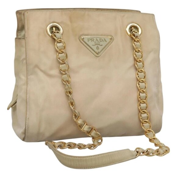 PRADA Chain Shoulder Bag Nylon Beige Gold Auth SW1015 - Picture 1 of 16